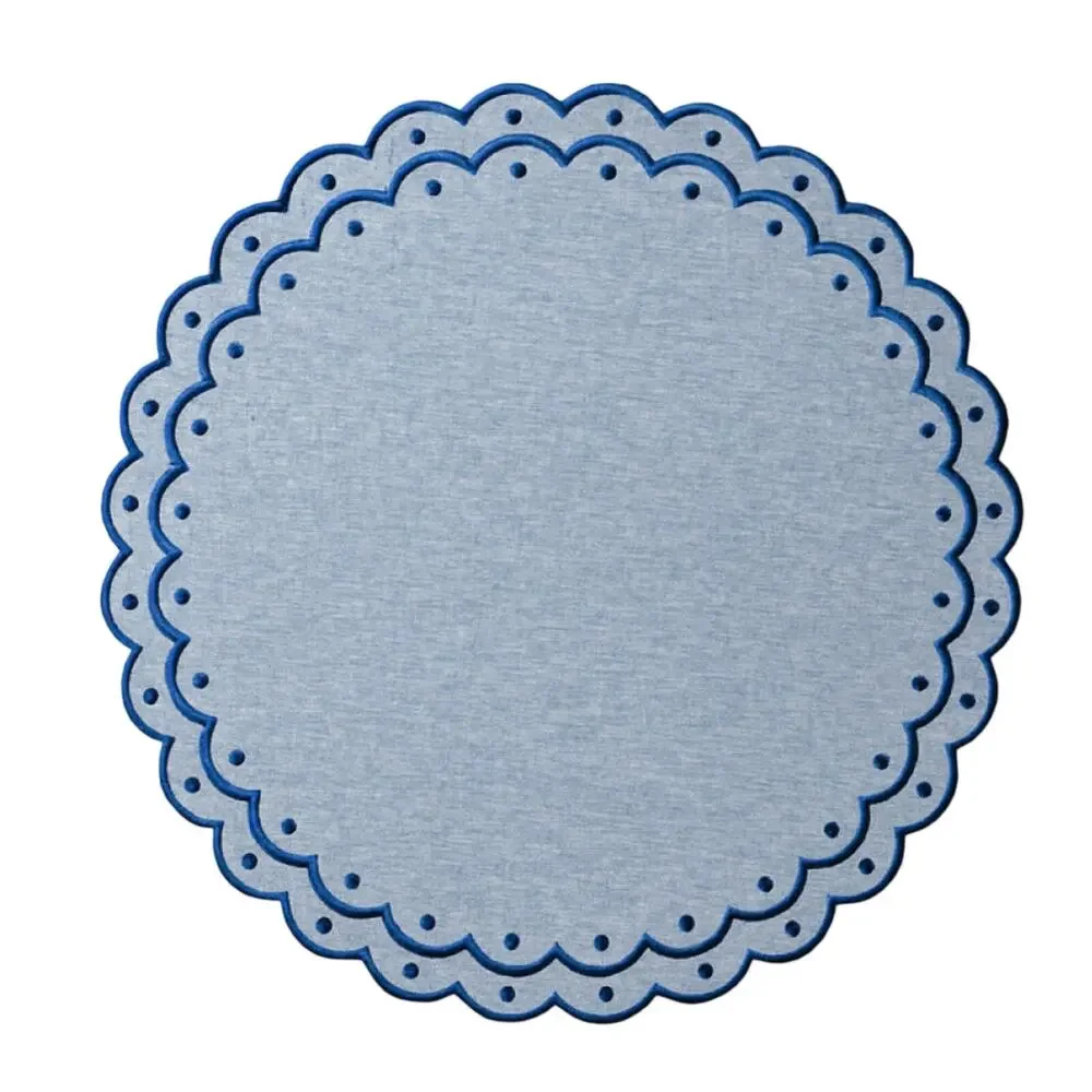 Table Two Studio Avalon Placemat Set Embroidered Chambray Linen Scalloped